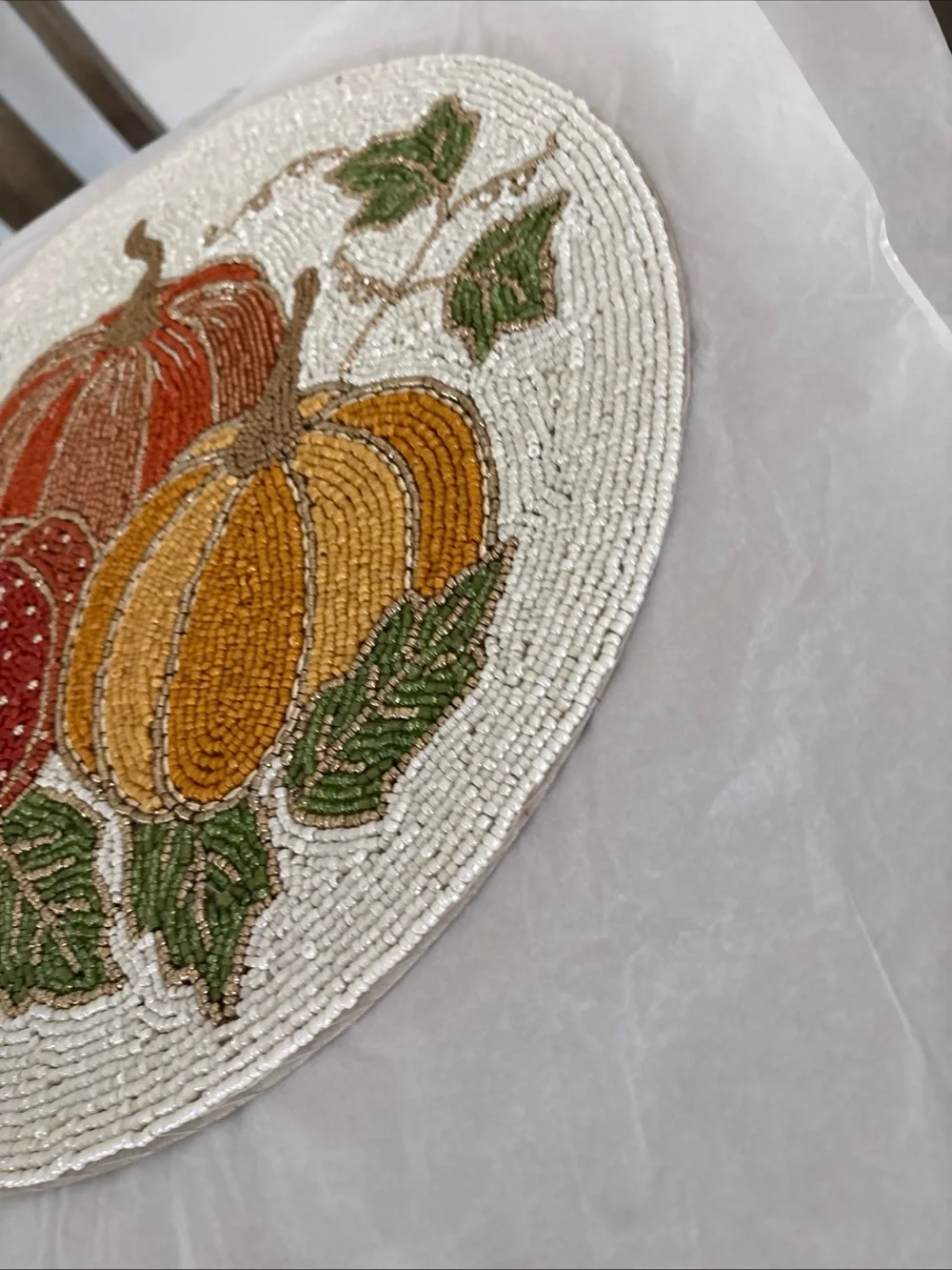 Shabby Chic Beaded Fall Pumpkins Charger Autumn Placemat*Leaves*Centerpiece
